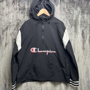 Champion Jacket XL Hoodie 1/4 Zip Pullover Windbreaker Black White Color Block